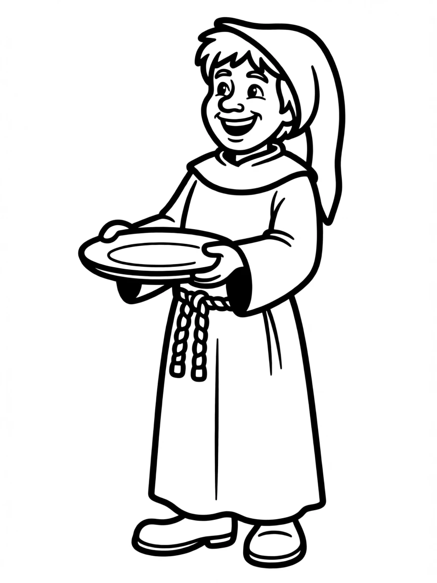 Friar Tuck looking jolly and holding a collection plate.