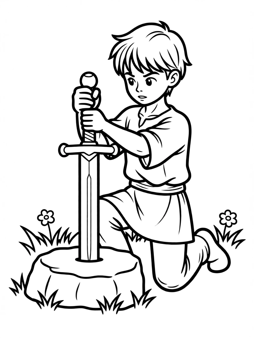 The Sword in the Stone, with young Arthur trying to pull it out.