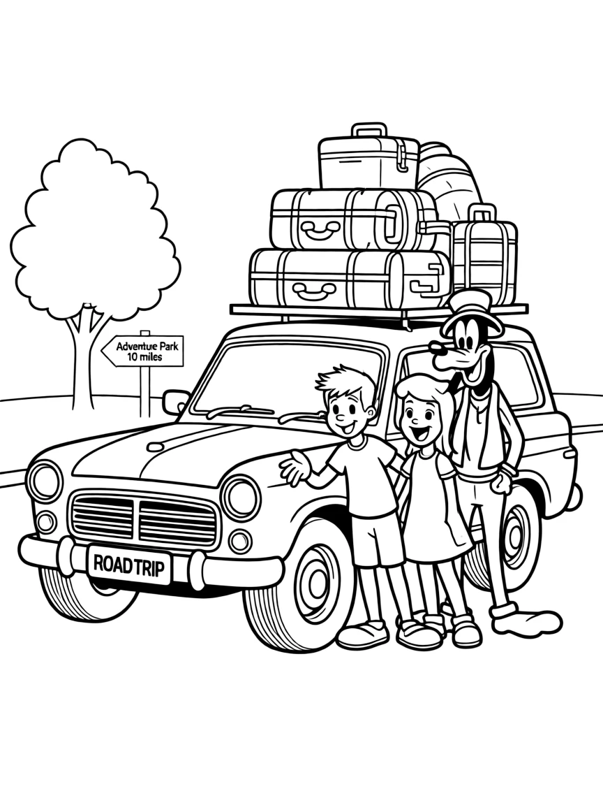 Goofy, Max, and Roxanne on a road trip, with the car packed.