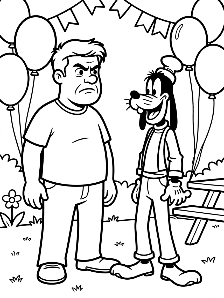 Pete looking grumpy and trying to spoil Goofy's fun.