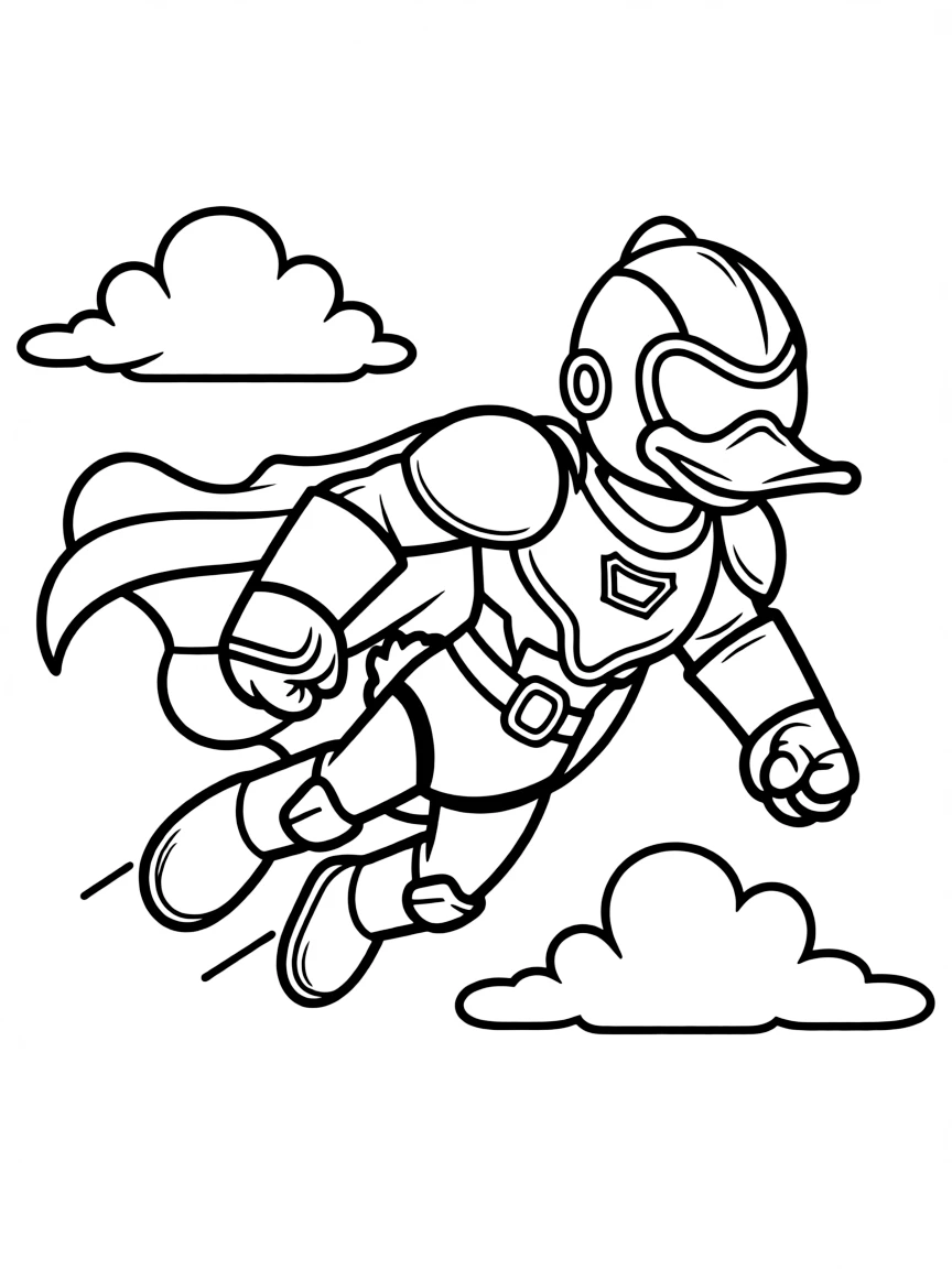 Gizmoduck looking shiny and armored, flying through the air.