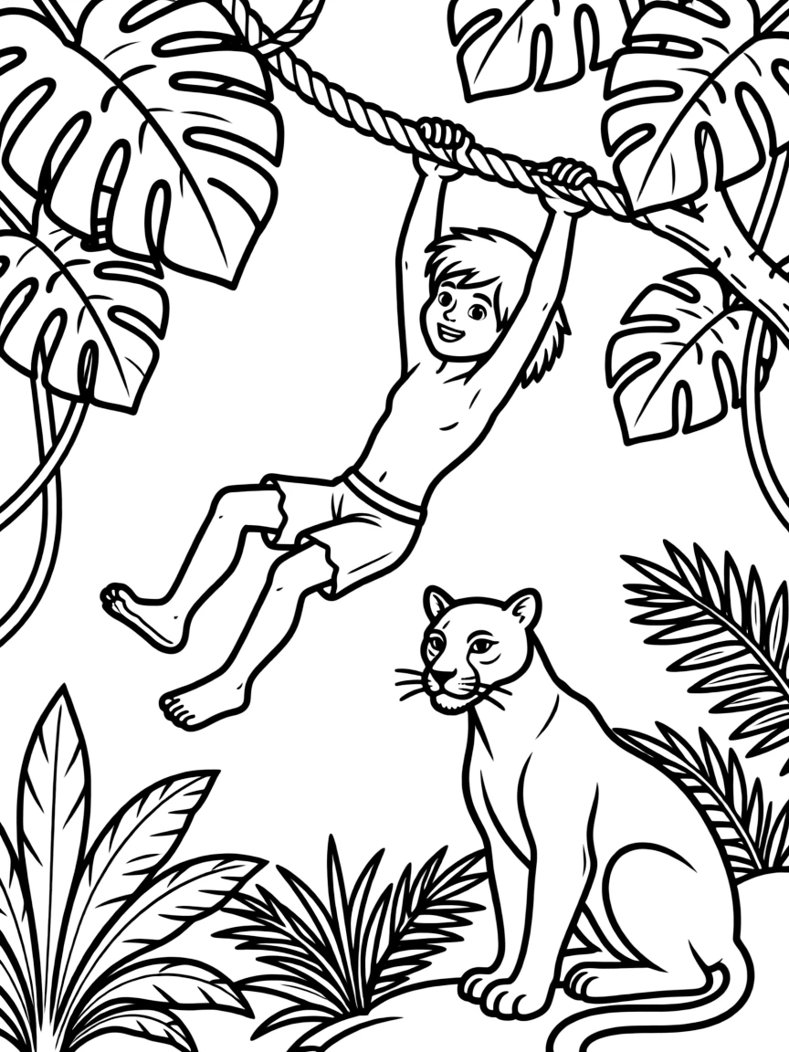 Mowgli swinging through the jungle, with Bagheera the panther watching.