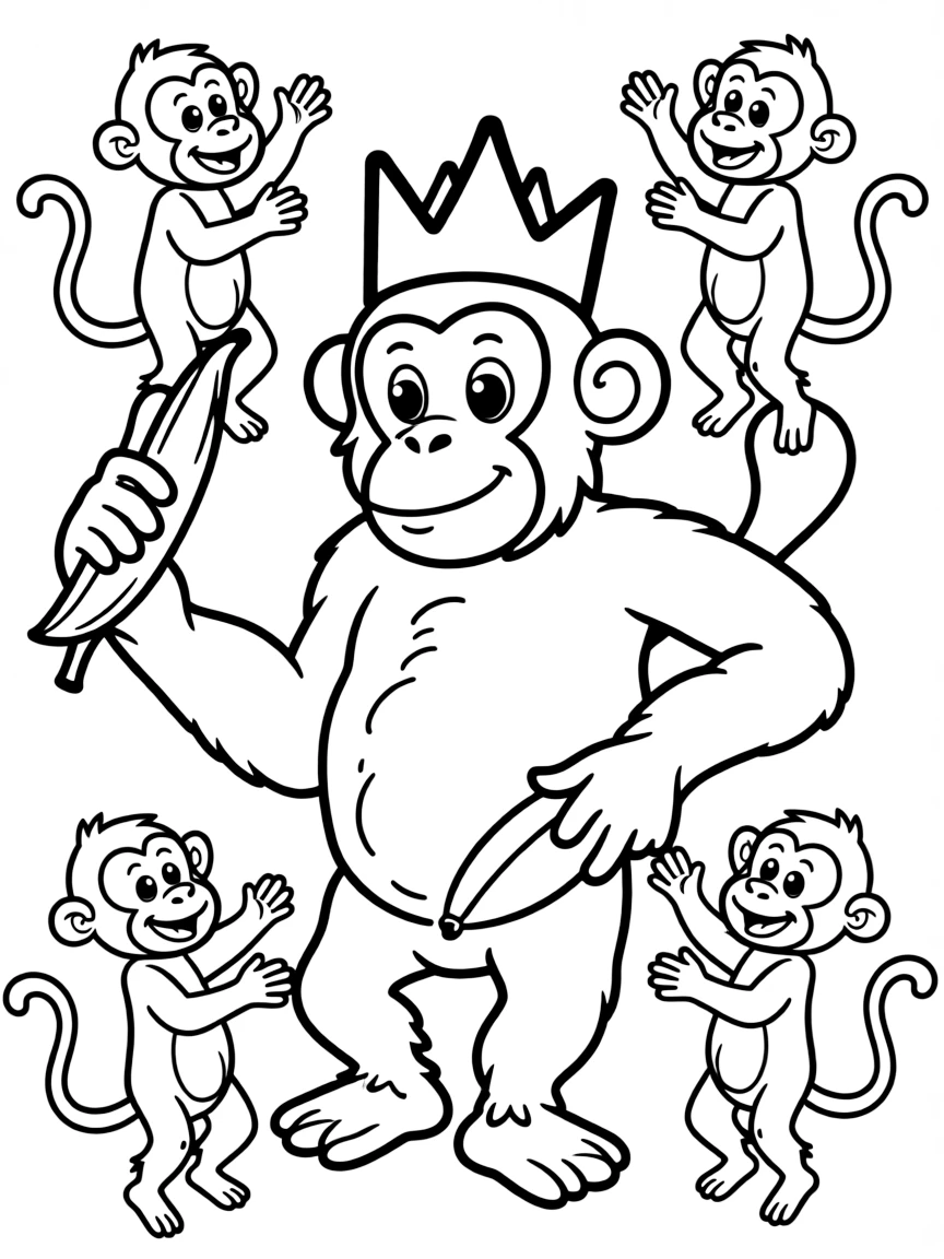 King Louie dancing with his monkeys, with a banana.