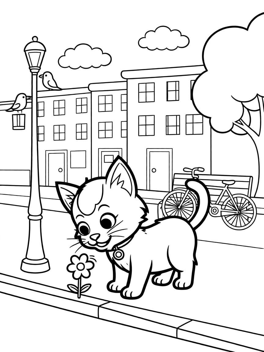 Oliver the kitten exploring the city, looking curious.