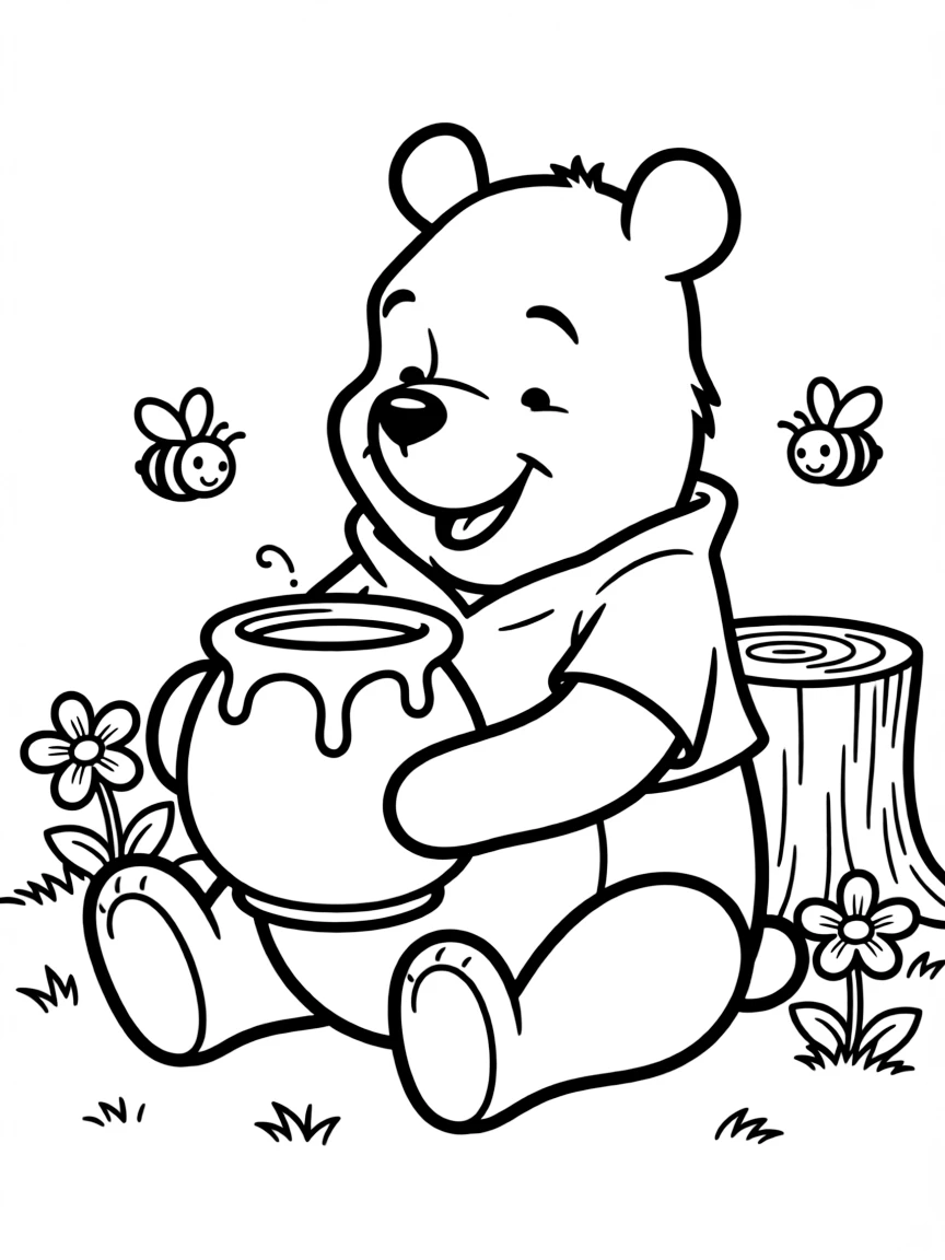 Winnie the Pooh eating honey, looking content.