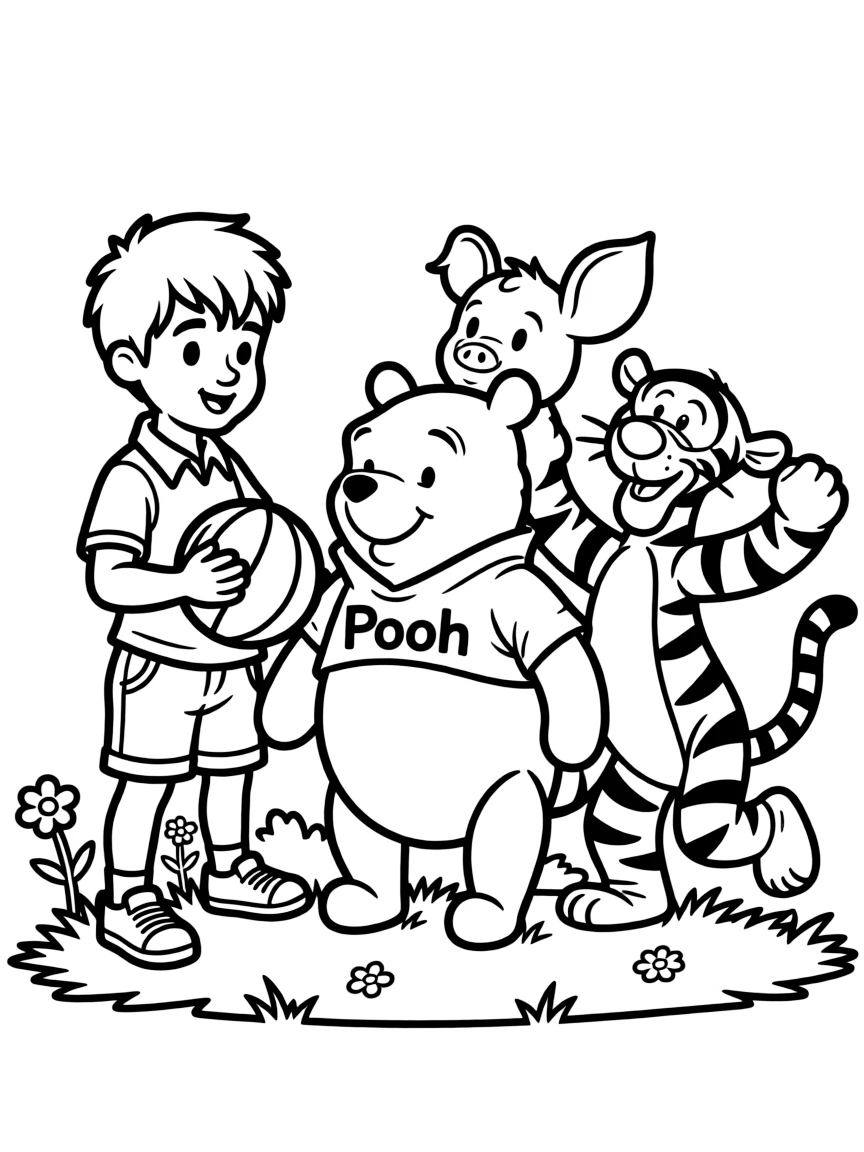 Christopher Robin playing with Pooh and his friends.
