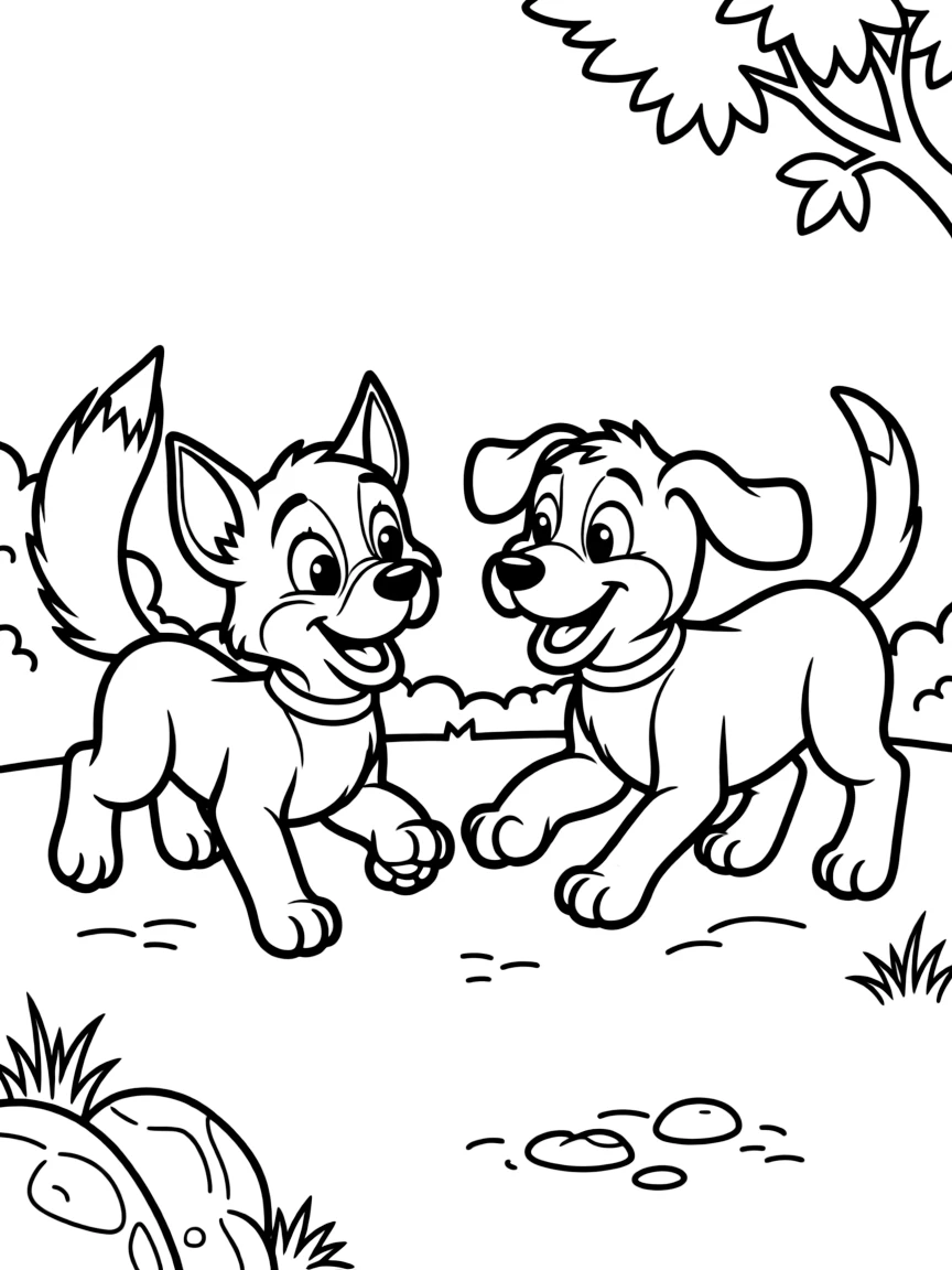 The Fox and the Hound, with Tod and Copper as puppies, playing.