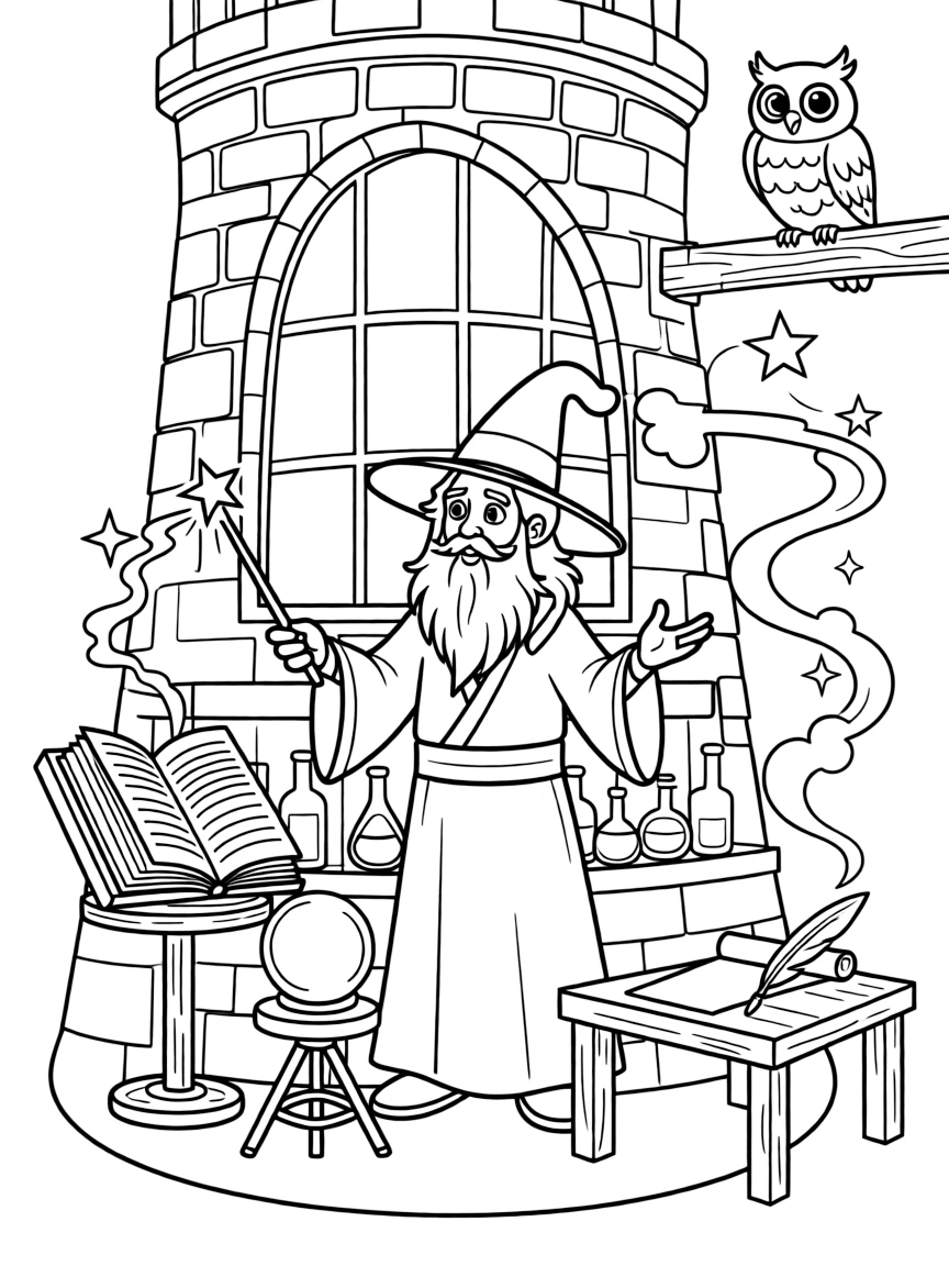 Merlin in his wizard tower, surrounded by magical objects.