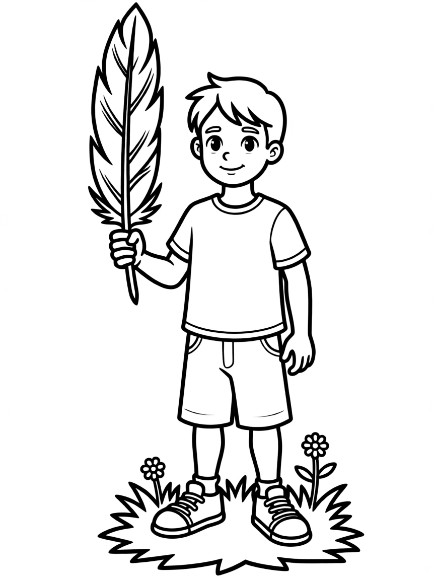 Cody looking brave, holding an eagle feather.