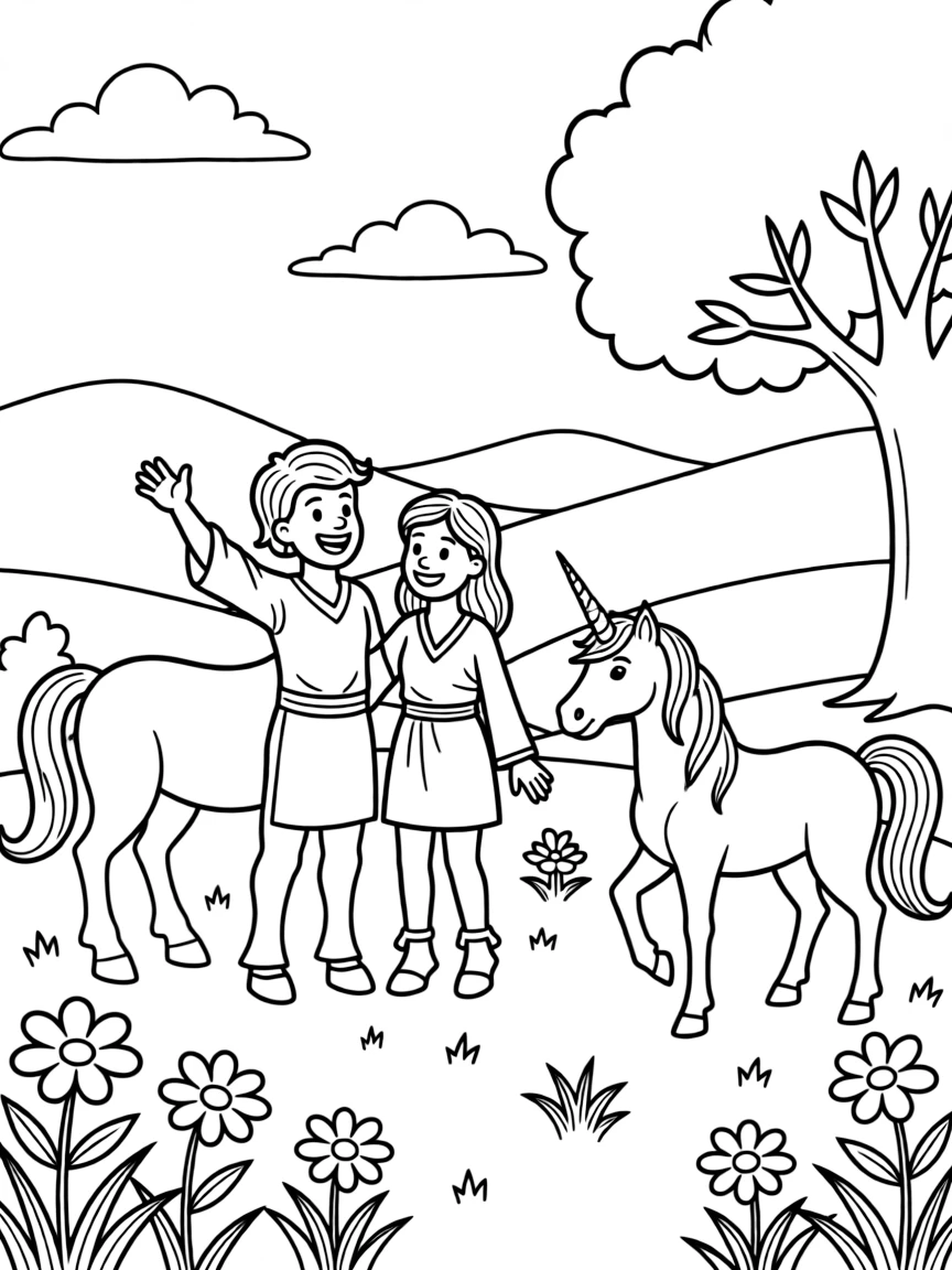 Centaurs and mythical creatures in a beautiful landscape.
