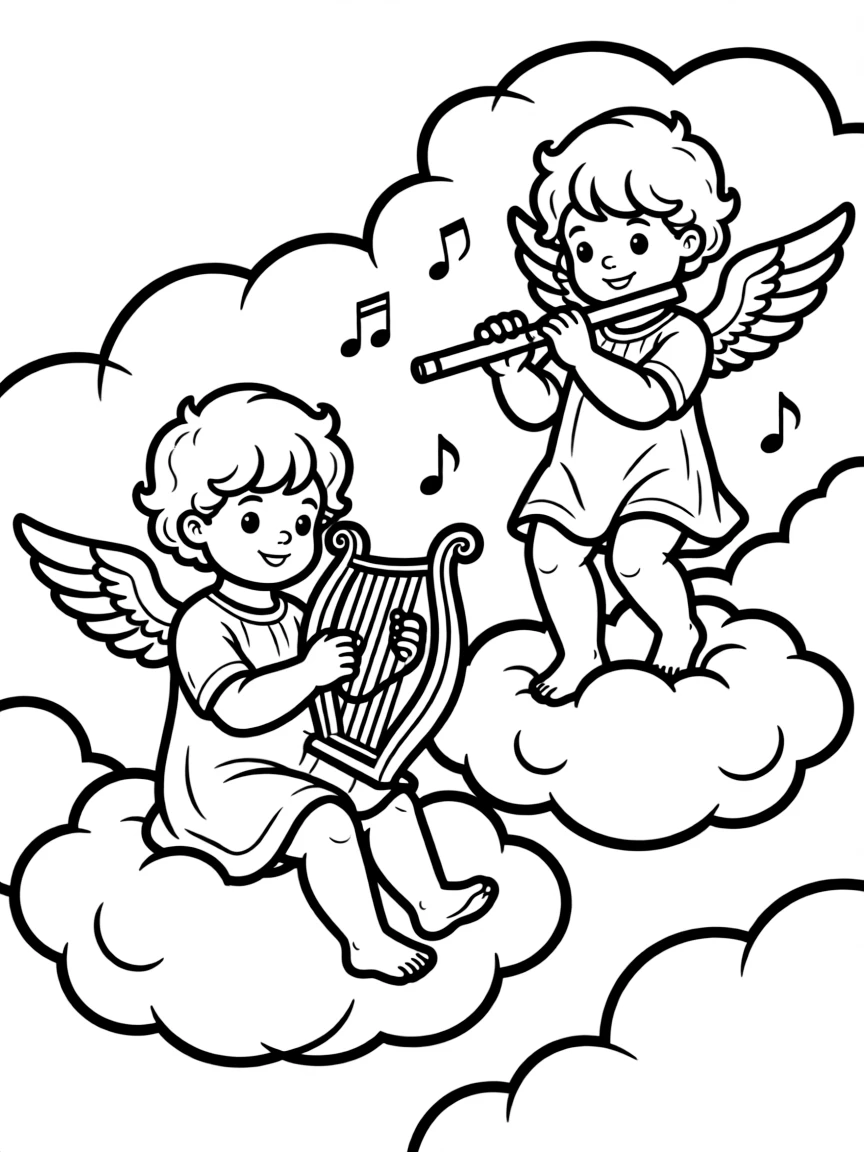 Cherubs playing musical instruments in the clouds.
