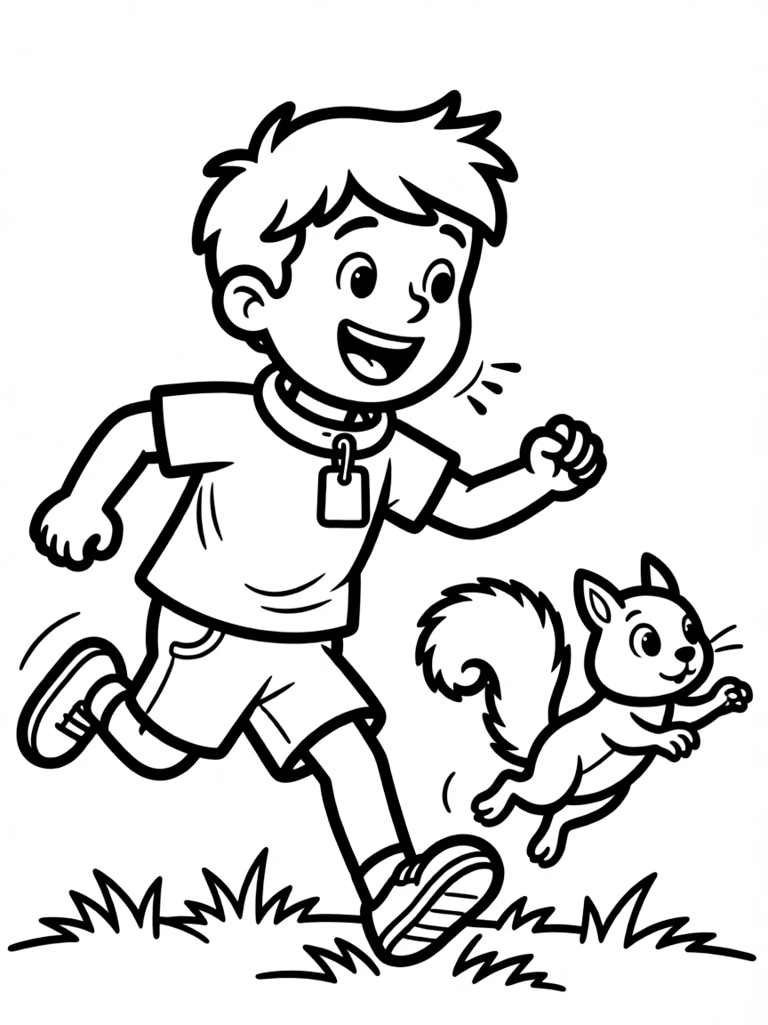 Doug from Up, excitedly chasing a squirrel, with his talking collar.