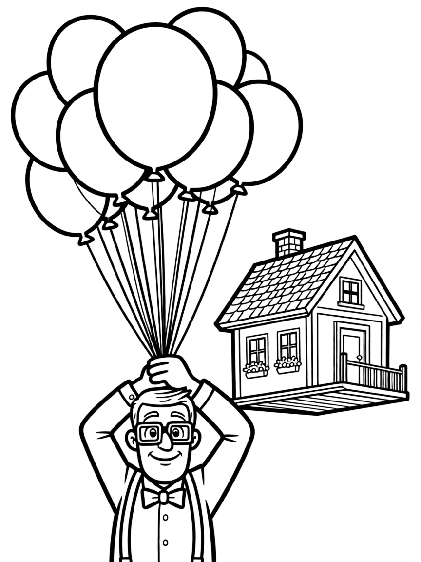 Carl Fredricksen holding balloons, with his house flying.