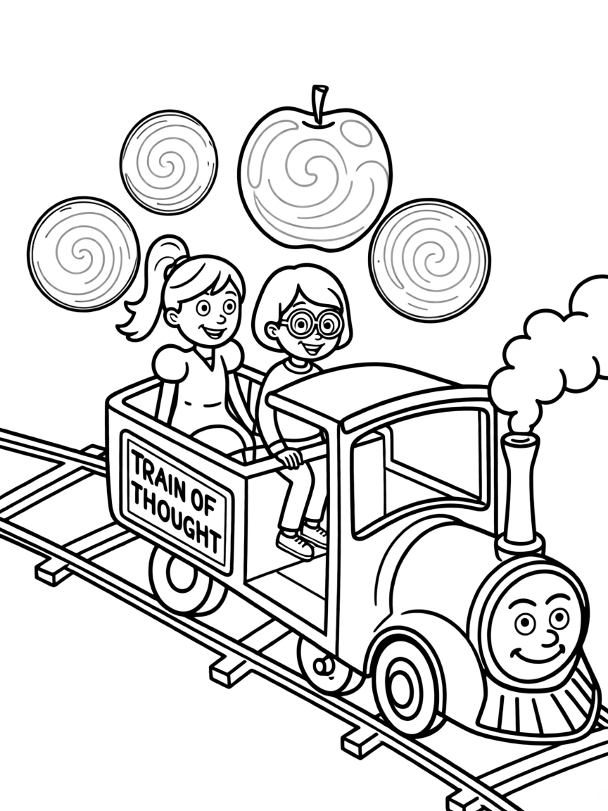 Joy and Sadness riding the Train of Thought, with memory orbs.