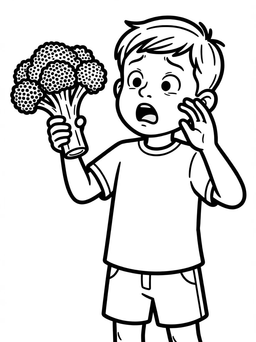 Disgust holding up a broccoli, looking grossed out.