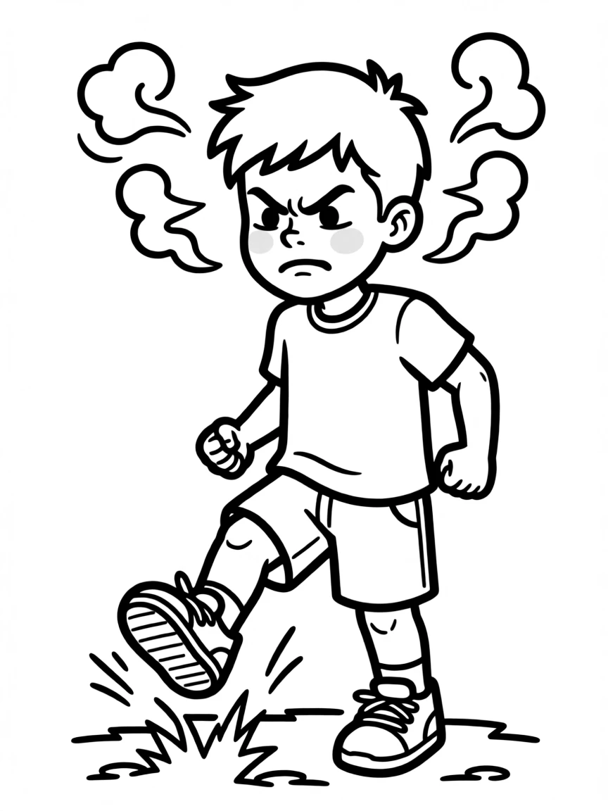 Anger stomping his foot, with steam coming out.