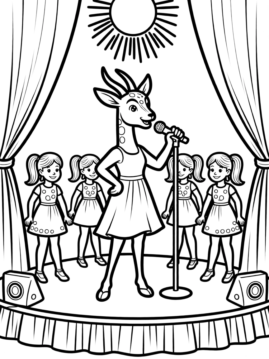 Gazelle singing on stage, with her backup dancers.