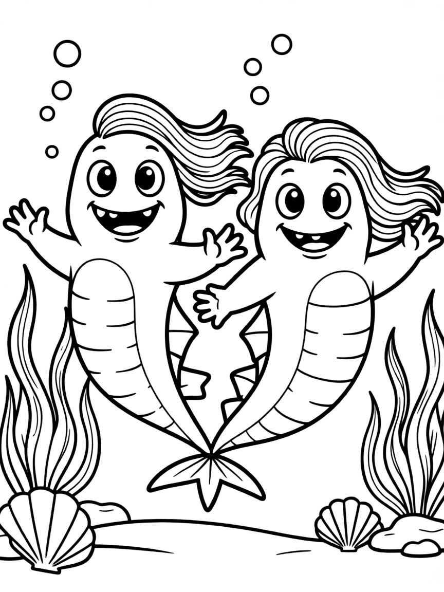 Luca and Alberto as sea monsters, swimming underwater.