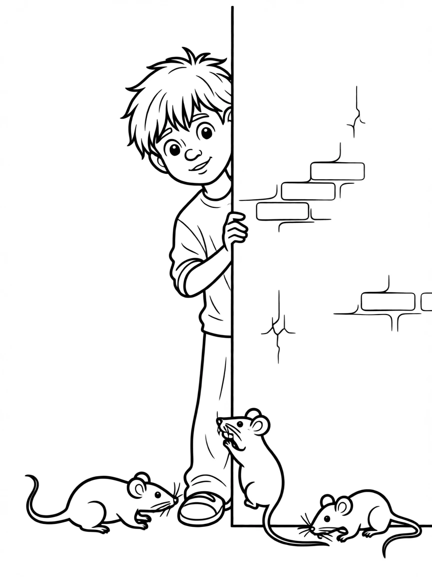 Bruno Madrigal looking shyly from behind a wall, with his rats.