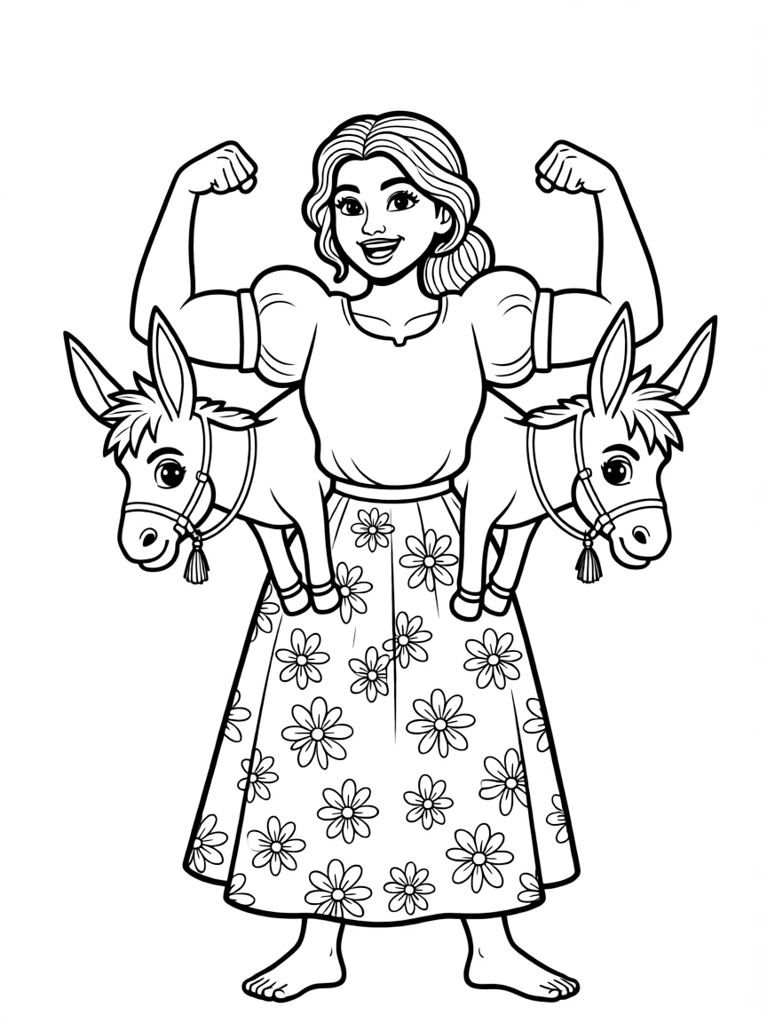 Luisa Madrigal flexing her muscles and carrying donkeys.