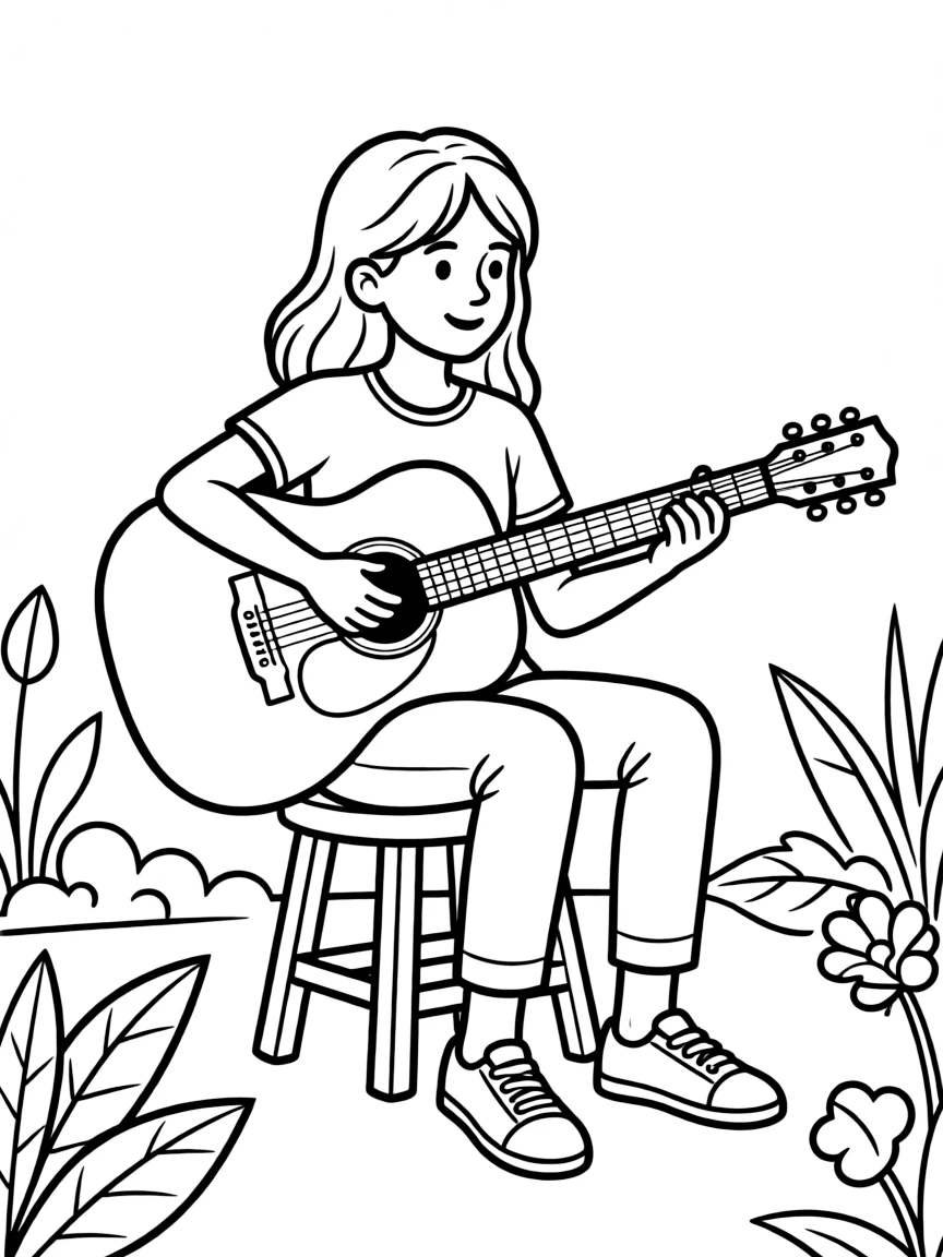 Miriam Mendelsohn playing her guitar, looking chill.