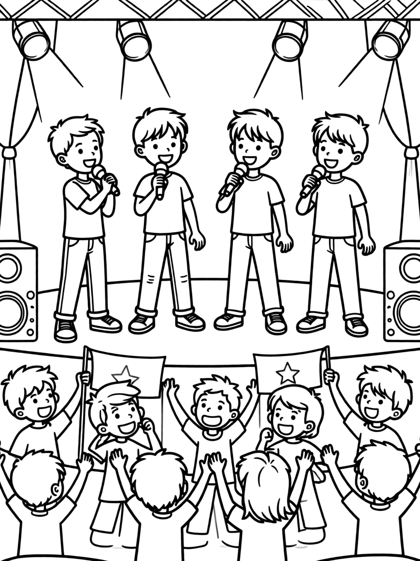 The 4*Town boy band singing on stage, with fans screaming.