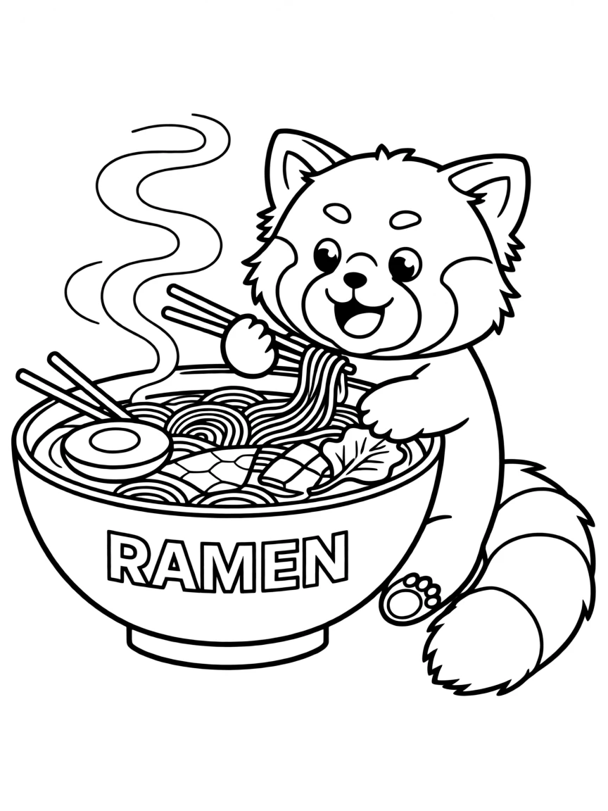 Mei's red panda form eating a giant bowl of ramen.