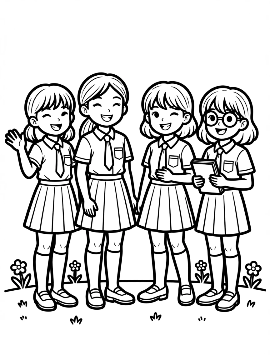 Mei and her friends in their school uniforms, looking happy.
