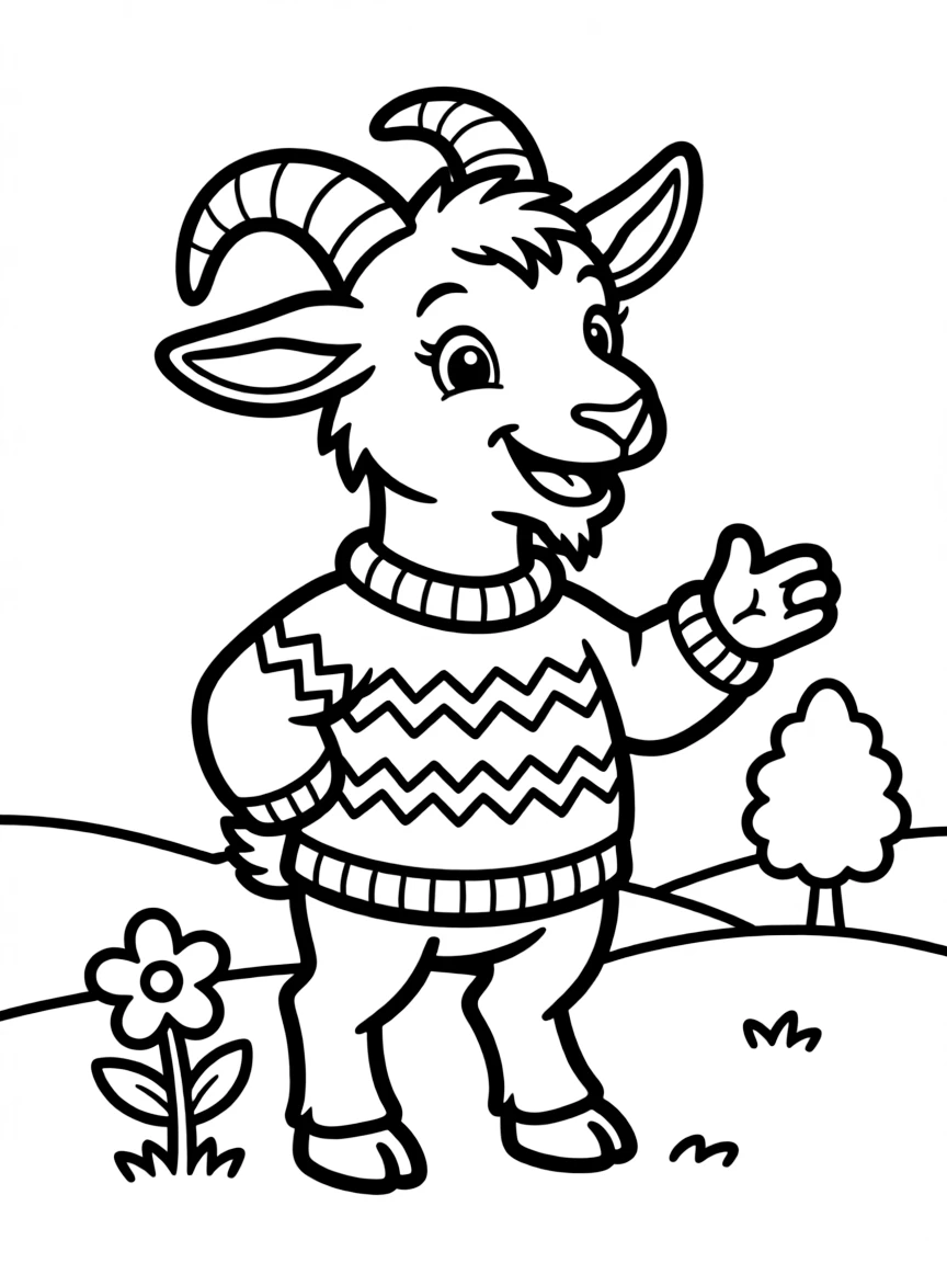 Valentino the goat talking and wearing a sweater.