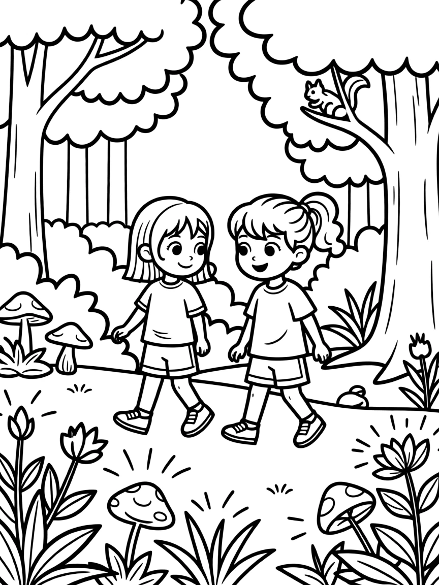 Asha and Star exploring the forest, with glowing plants.