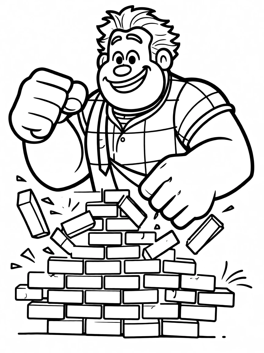 Wreck-It Ralph smashing bricks, looking strong and happy.