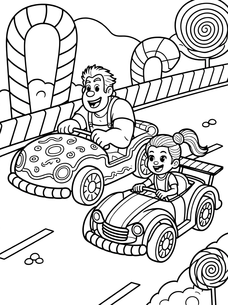 Ralph and Vanellope racing in Sugar Rush, with candy cars.