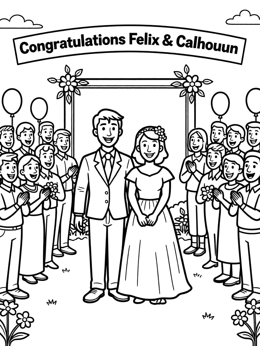Felix and Calhoun getting married, with a cheerful crowd.
