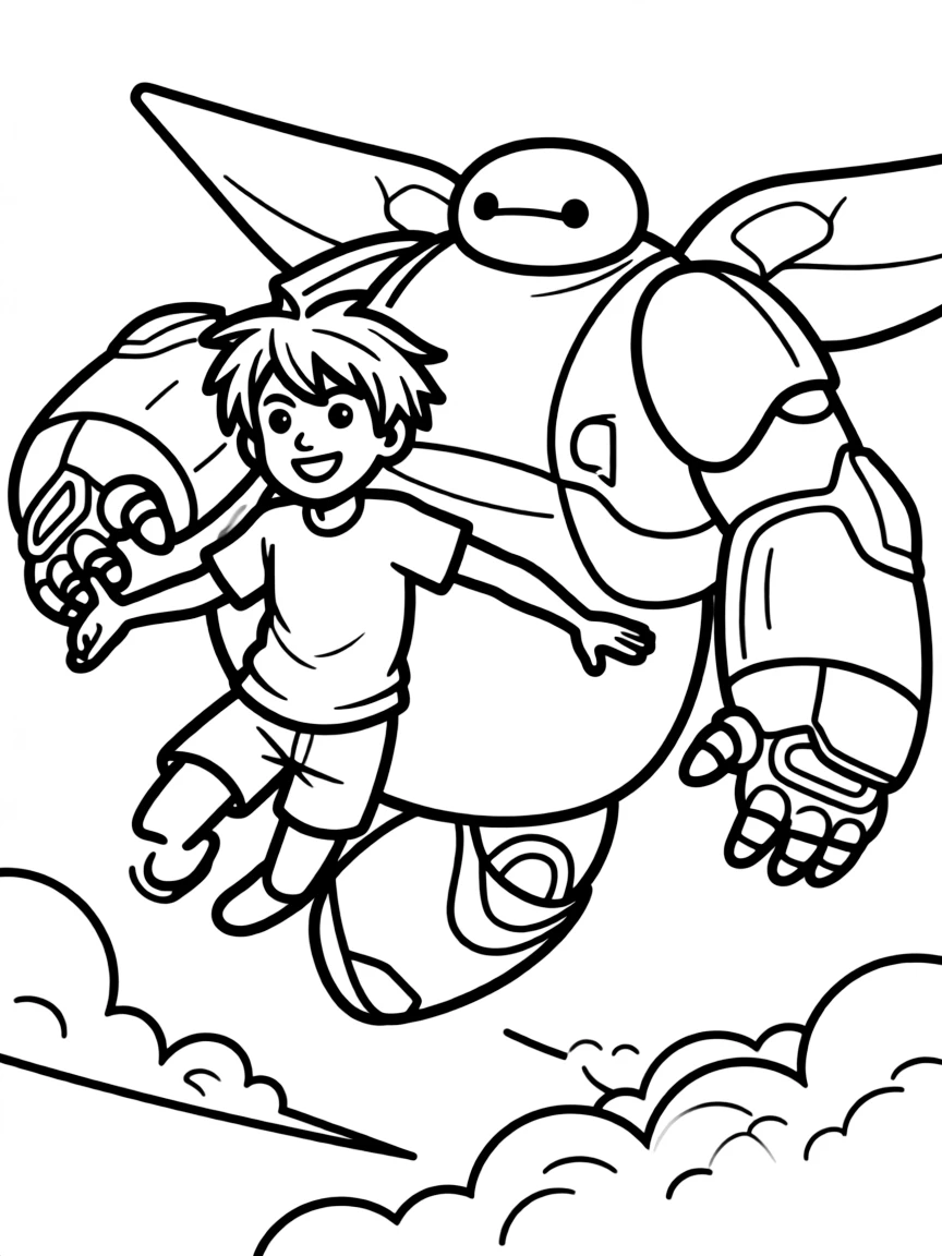 Hiro Hamada flying with Baymax in his armor.
