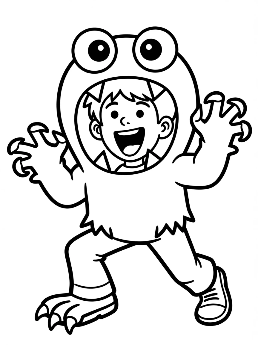 Fred in his monster suit, roaring and looking excited.