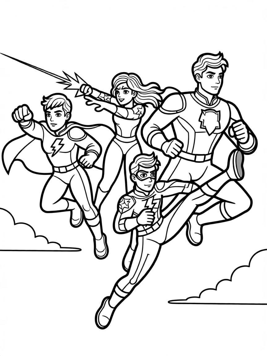 The team flying and fighting together in their superhero suits.