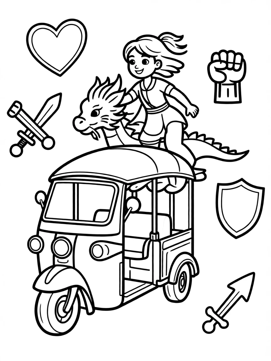 Raya and Sisu flying on Tuk Tuk, with the five tribes' symbols.