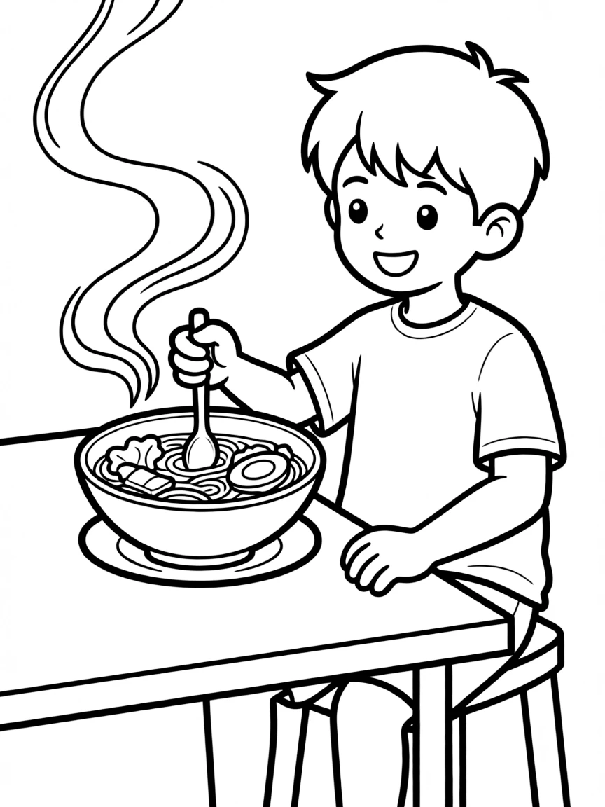 Boun stirring his boat noodle soup, with steam rising.