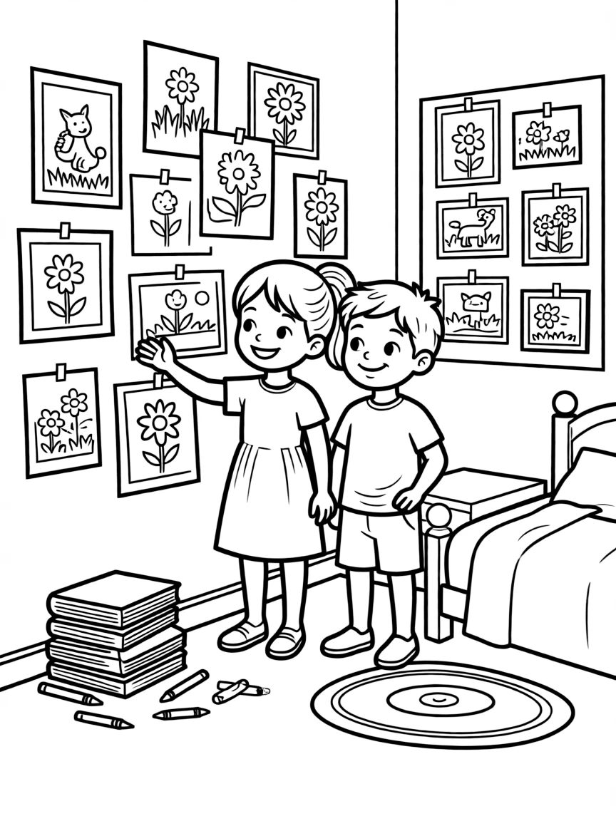 Giulia showing Luca her bedroom filled with drawings.