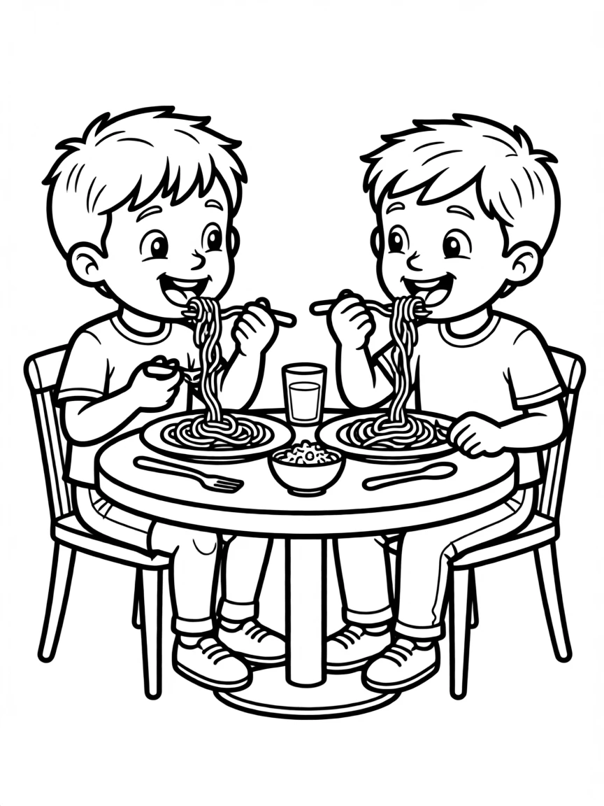 Luca and Alberto eating pasta, looking delighted.