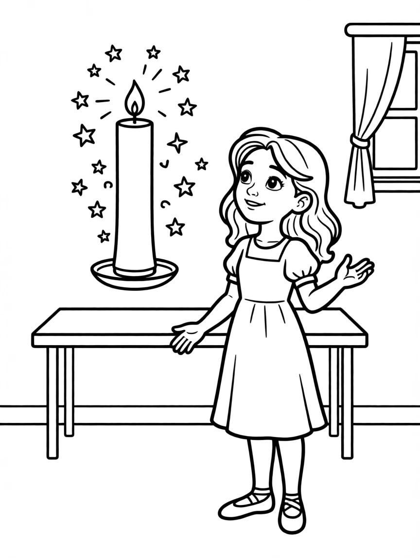 Mirabel looking at the magical candlelight, feeling its power.