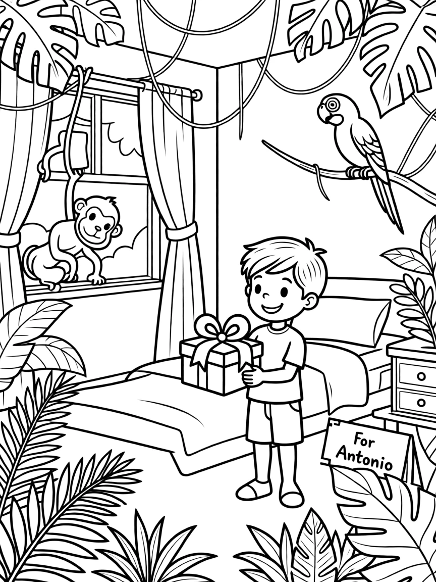 Antonio receiving his gift and his room transforming into a jungle.