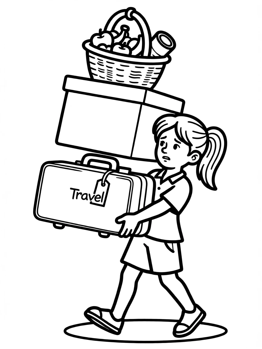 Luisa struggling with her strength, carrying too many things.