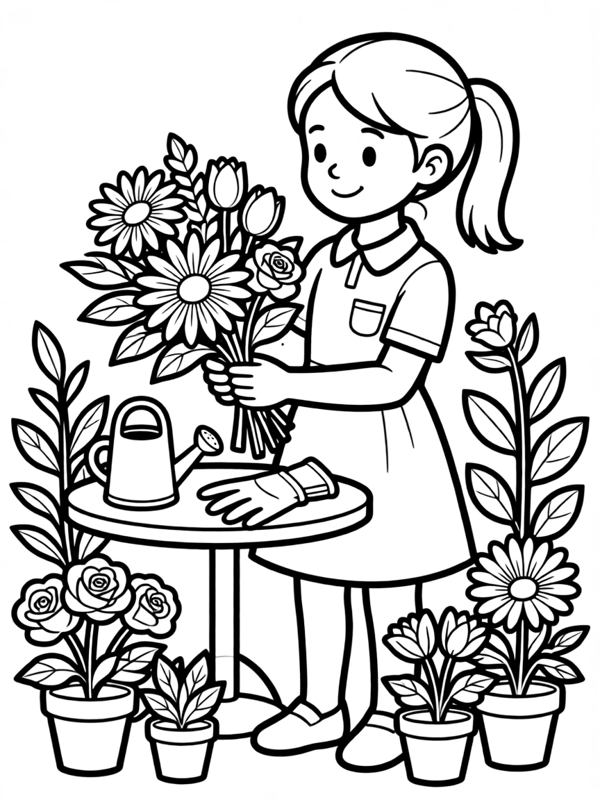 Isabela making a beautiful arrangement of colorful flowers.