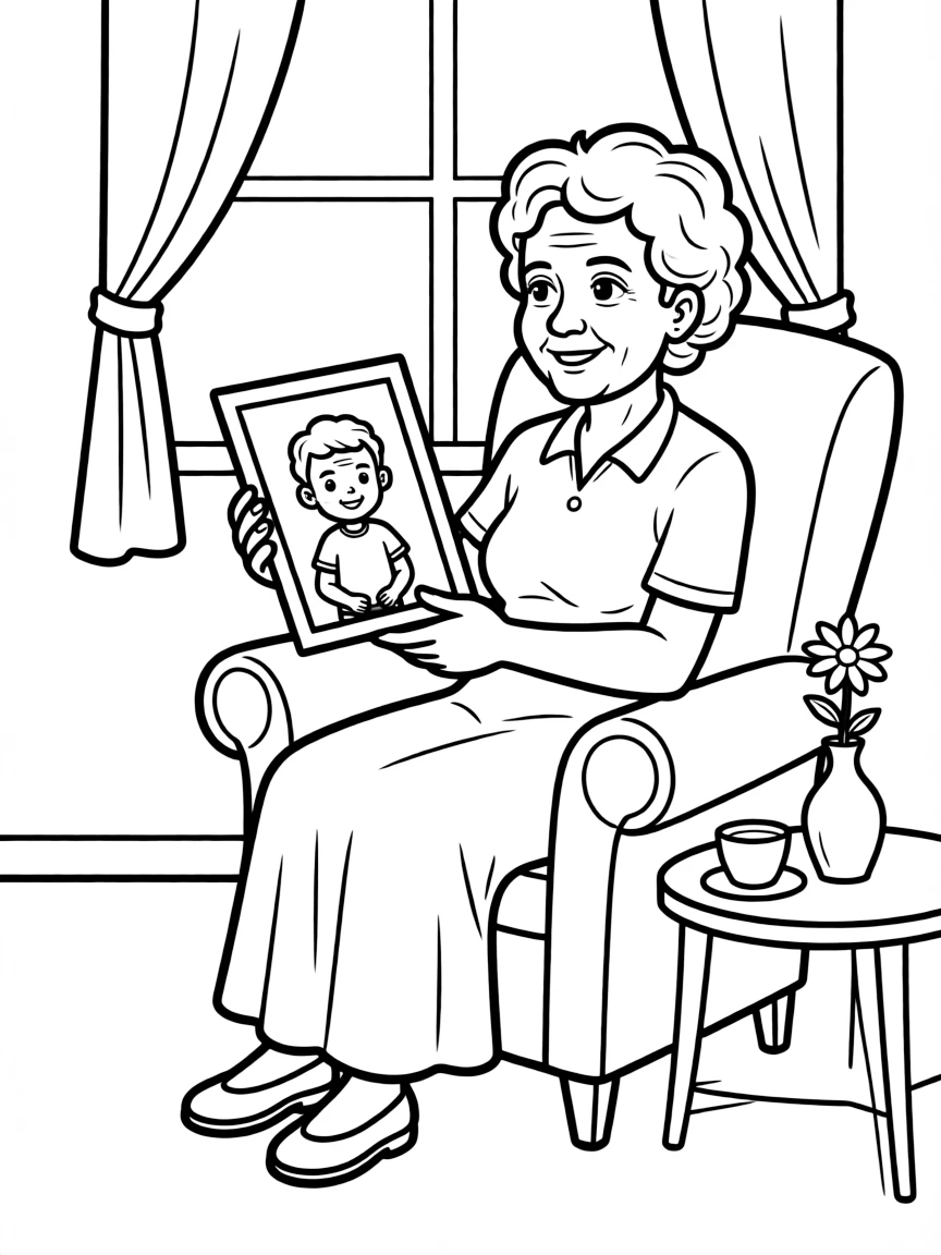 Abuela looking at a picture of her and Pedro.