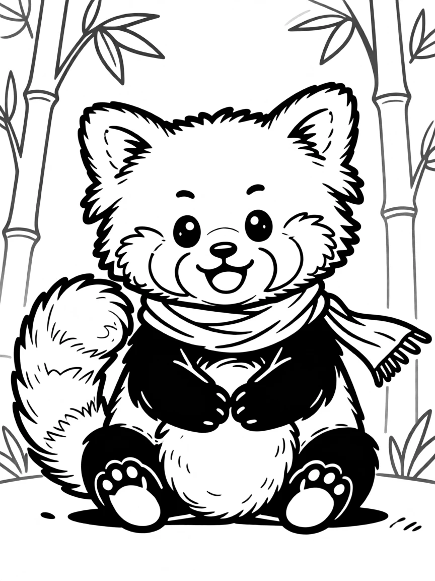 Mei as a red panda, embracing her fluffy self, with a big smile.