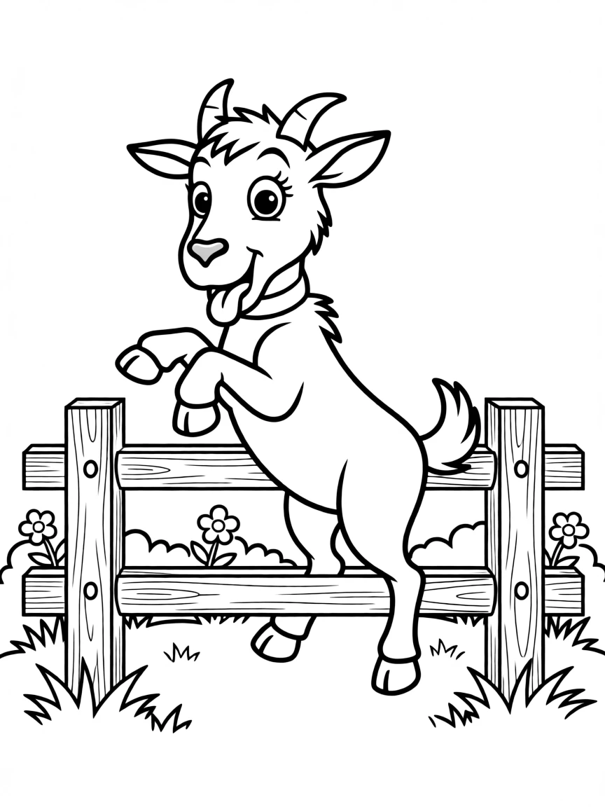 Valentino the goat trying to jump over a fence, looking silly.
