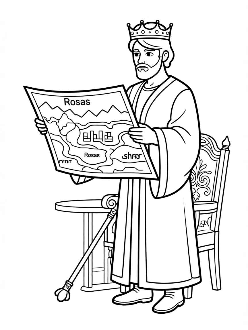 The King Magnifico looking at a map of Rosas.
