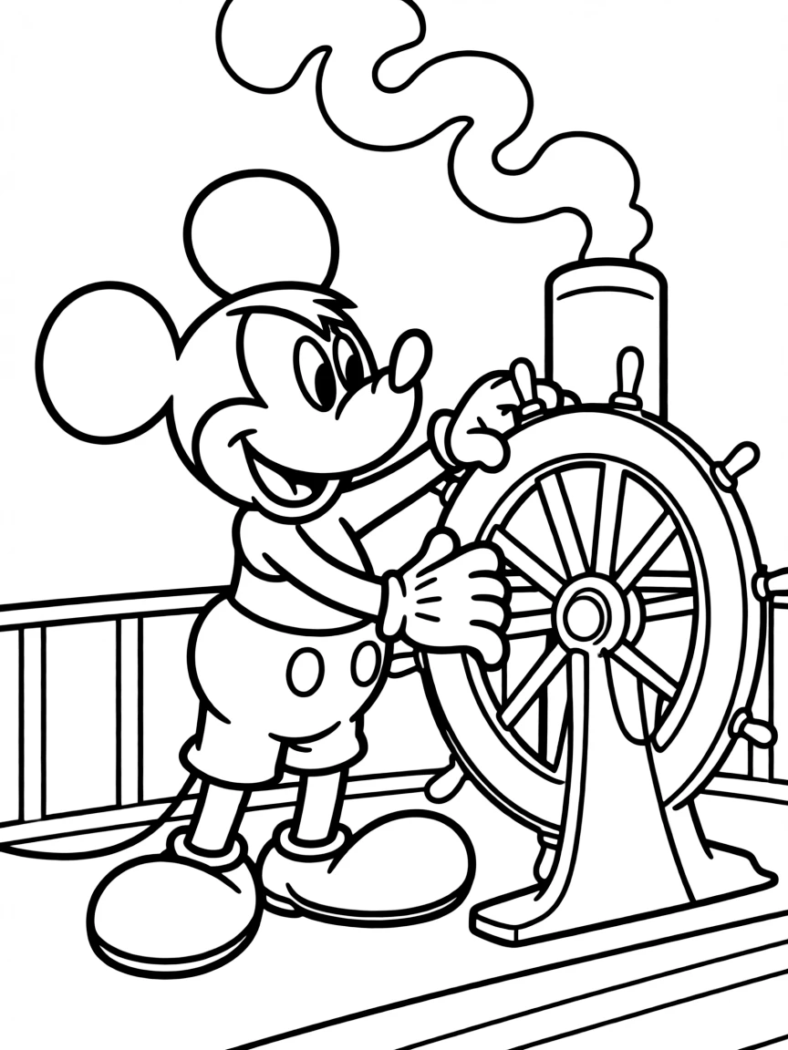 Mickey Mouse as Steamboat Willie, steering the boat.
