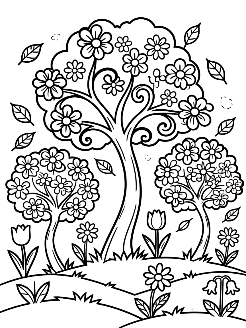 Flowers and Trees, with colorful blossoms and dancing trees.